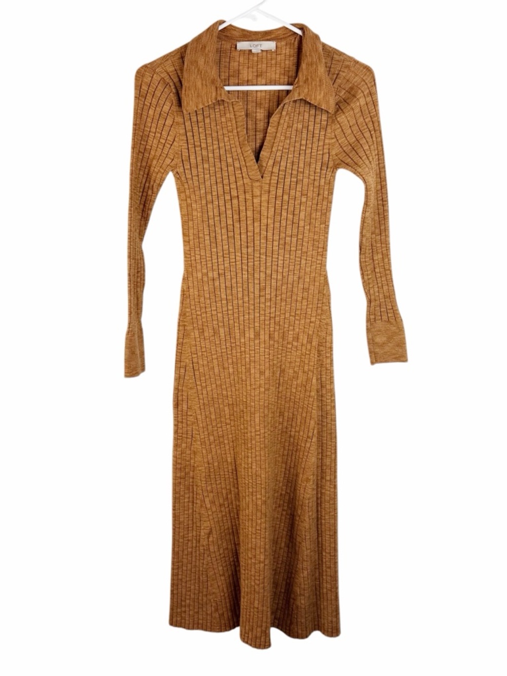 LOFT Ribbed Knit Midi Size M Rust Tan Brown Long Sleeve Collared Sweater Dress - Picture 2 of 14